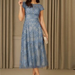 Azazie Blue A-Line Flutter Sleeve Midi Dress
